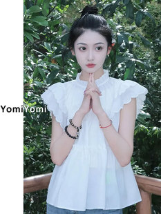 胖mm设计感小众小飞袖 法式 女大码 甜美仙女白色短袖 荷叶边上衣 衬衫