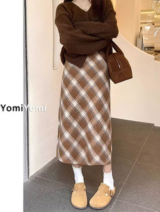 棕色毛呢格子半身裙女春秋大码 a字裙 胖mm高腰显瘦梨形身材中长款