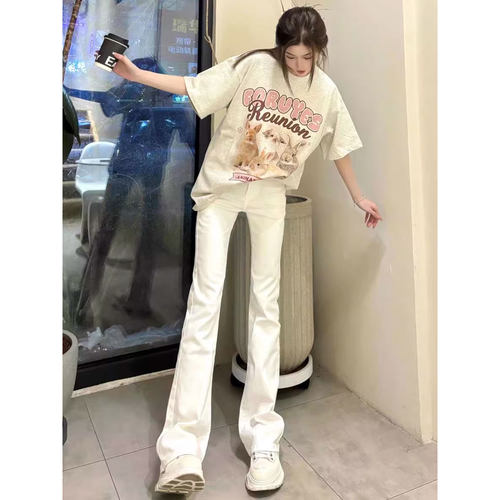 美式白色微喇叭牛仔裤女夏大码