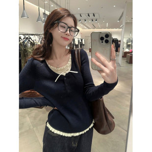 胖MM休闲显瘦百搭套头毛衣 女秋冬大码 假两件撞色设计感长袖 针织衫