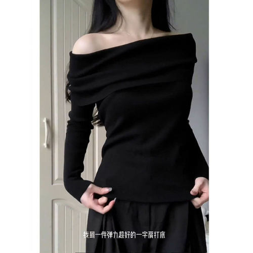 纯欲露肩长袖针织衫女春秋大码