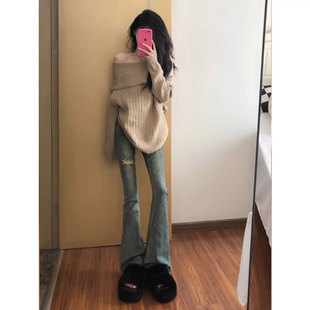 胖MM高腰显瘦弹力马蹄长裤 女春秋大码 子 复古破洞微喇叭牛仔裤 美式