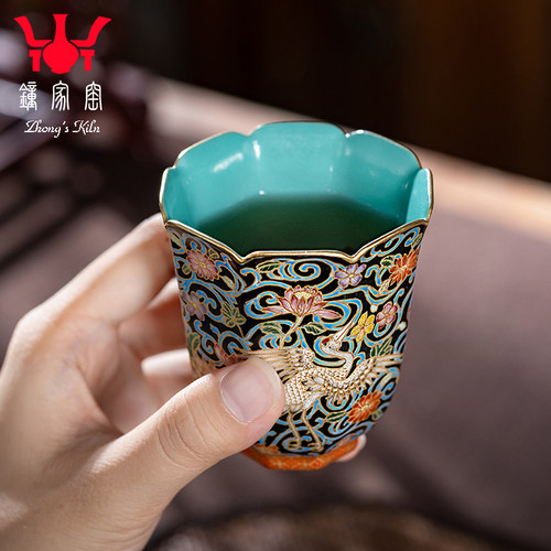 钟家窑主人杯茶杯景德镇手绘黑地珐琅彩仙鹤八方杯闻香品茗杯茶器