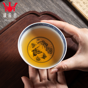 钟家窑青花蝴蝶主人杯景德镇功夫茶茶杯手绘柴窑单杯个人品茗茶碗