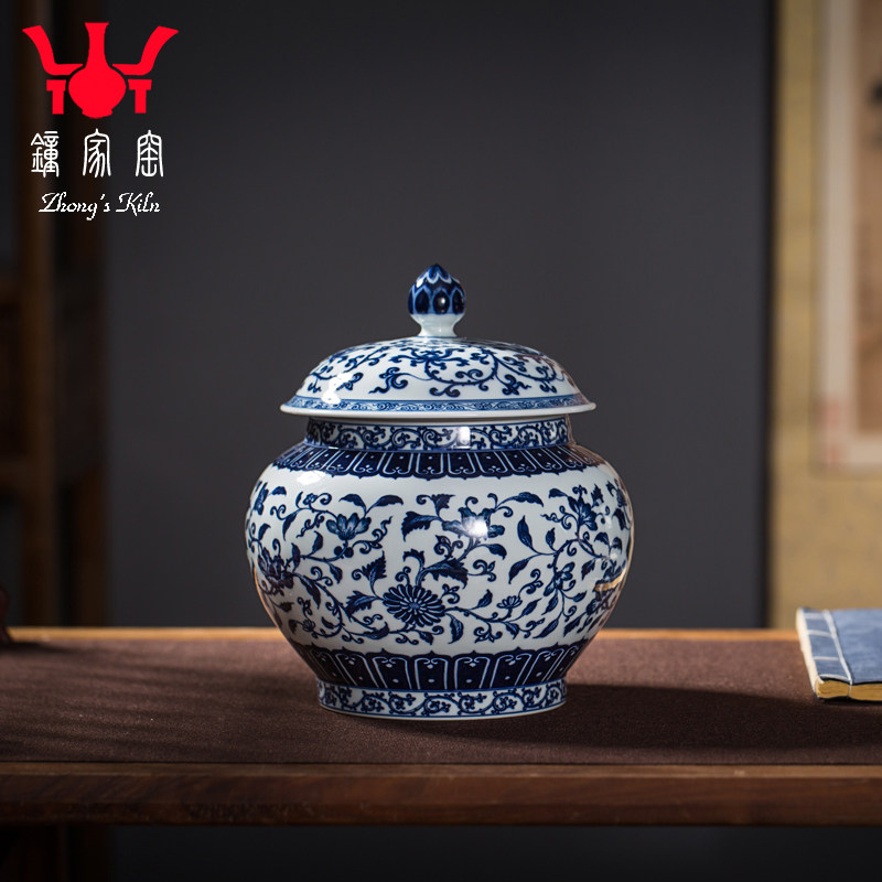钟家窑陶瓷茶叶罐 景德镇柴窑青花缠枝花卉大号瓷罐密封罐存储罐