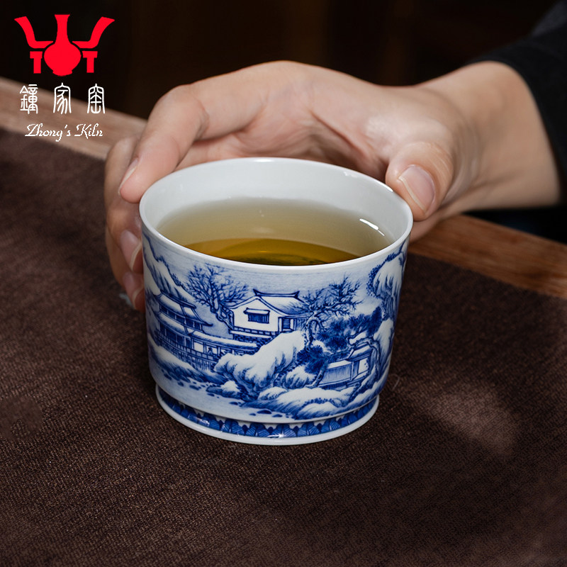钟家窑陶瓷主人杯 景德镇釉下青花高温瓷手绘雪景山水楼台容天杯