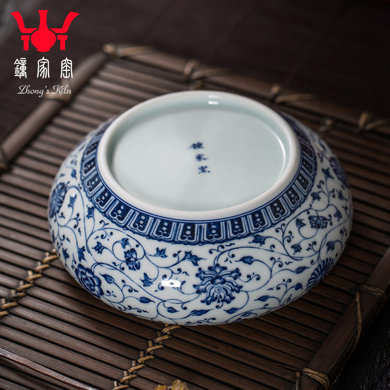 钟家窑陶瓷水洗景德镇纯手绘青花缠枝花纹水洗大号茶道烟灰缸花盆