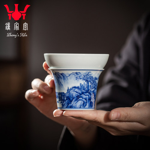 钟家窑柴窑青花山水茶漏