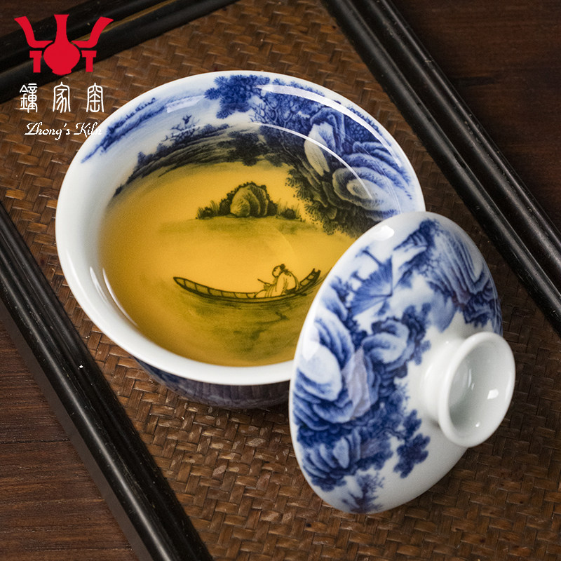 钟家窑高档盖碗 景德镇柴窑青花手绘重工满绘观江望远二才泡茶碗