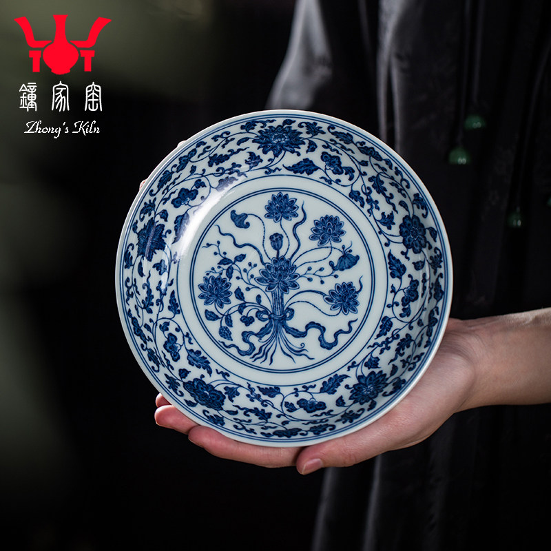 钟家窑陶瓷壶承柴窑青花手绘青花点工缠枝纹茶盘果盘壶垫高足壶承