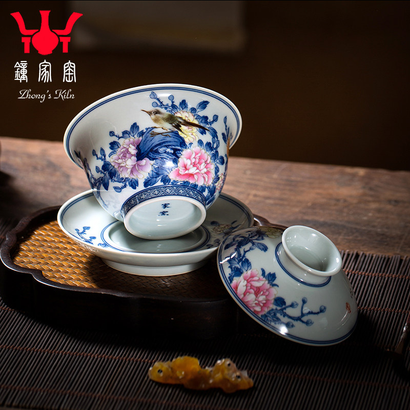 钟家窑陶瓷盖碗景德镇名师万海华老师手绘斗彩花鸟花开富贵泡茶碗,餐饮具,盖碗,淘宝优惠券,粉丝福利购,淘宝优惠卷