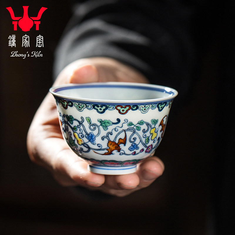 钟家窑功夫茶杯 手绘景德镇柴窑青花斗彩缠枝花卉五福主人杯单杯