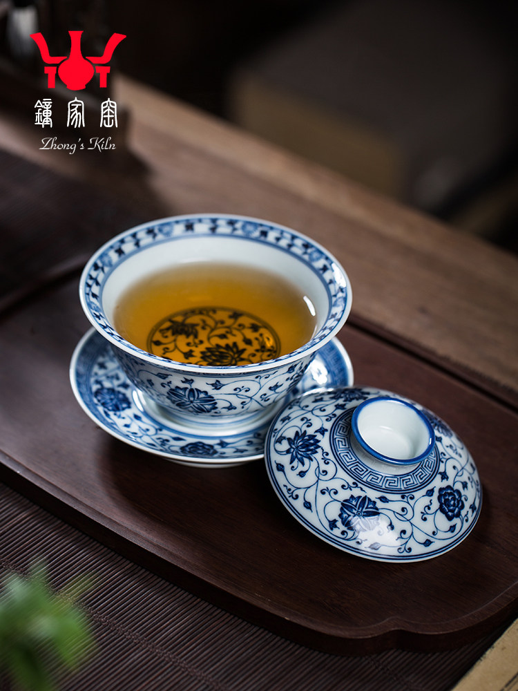 中家窑盖碗茶杯手绘莲花青花木窑三彩碗景德镇茶碗礼盒