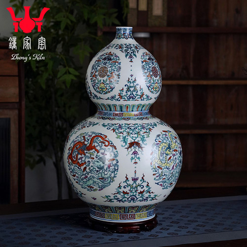 钟家窑陶瓷花瓶景德镇柴窑青花斗彩手绘螭龙轻奢葫芦瓶摆件高46cm