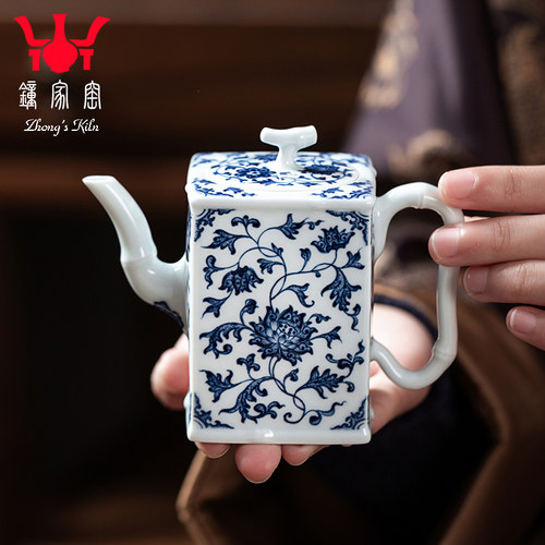 钟家窑功夫茶茶壶景德镇柴窑青花点工缠枝花纹四方家用高档泡茶壶