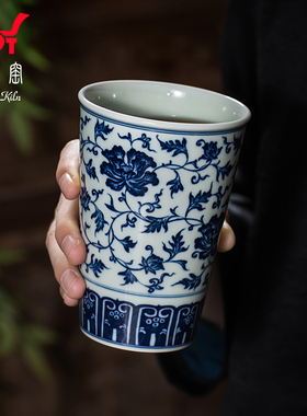钟家窑柴窑青花拓水牡丹容量340ml 景德镇陶瓷水杯可乐杯随手杯