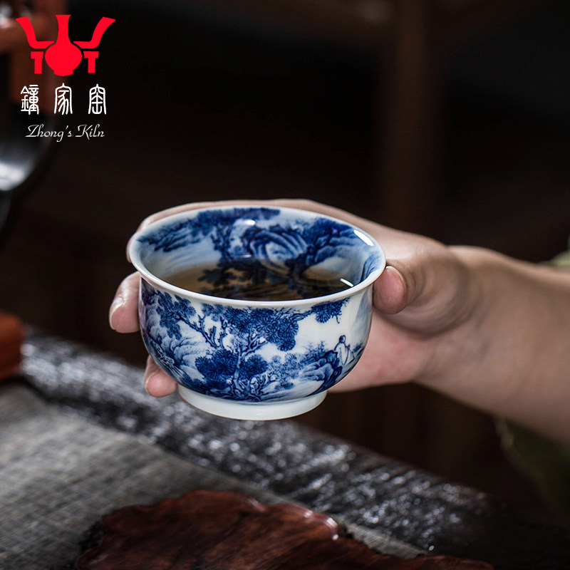 钟家窑主人杯单杯景德镇青花柴窑满工重工纯手绘观瀑图山水腰鼓杯