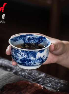钟家窑主人杯单杯景德镇青花柴窑满工重工纯手绘观瀑图山水腰鼓杯
