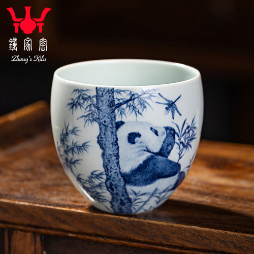 钟家窑陶瓷主人杯 景德镇柴窑青花手绘竹叶熊猫蛋蛋杯清新可爱风
