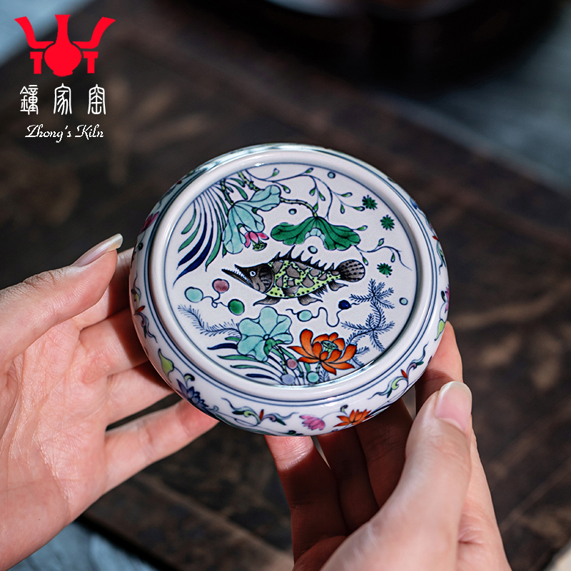 钟家窑陶瓷盖置 景德镇手工手绘青花斗彩柴窑鱼藻纹盖托茶具配件