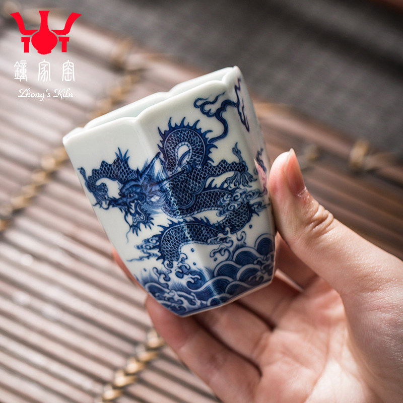 钟家窑 景德镇陶瓷柴窑青花手工手绘鱼跃龙门六方杯主人杯闻香杯