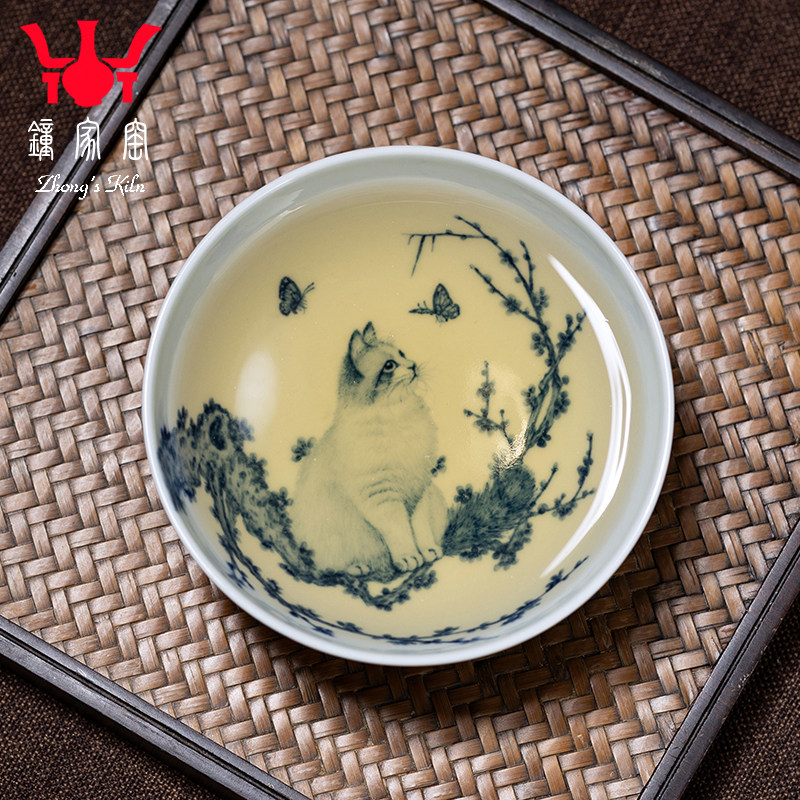 钟家窑景德镇主人杯 柴窑青花手绘梅花猫蝶普洱杯现代小清新风格