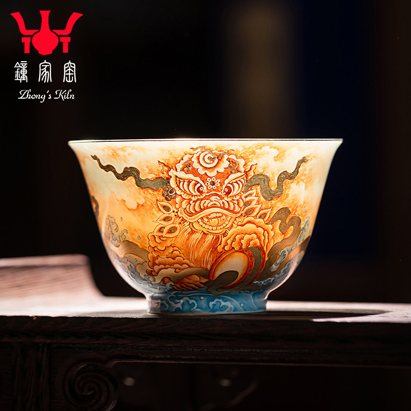 钟家窑茶杯主人杯景德镇手工手绘矾红描金醒狮敞口杯高档专用单杯