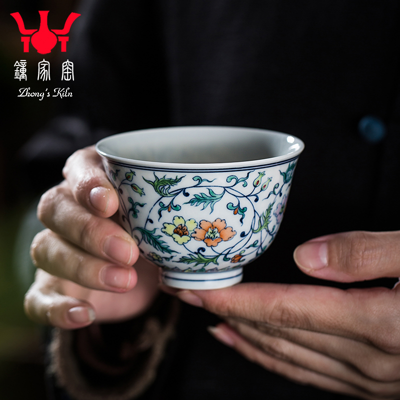 钟家窑小清新青花斗彩陶瓷主人杯