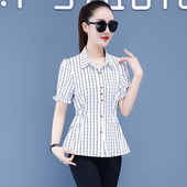 新款 修身 短袖 2024年夏季 衬衫 女上衣韩版 条纹雪纺百搭衬衣大码 收腰