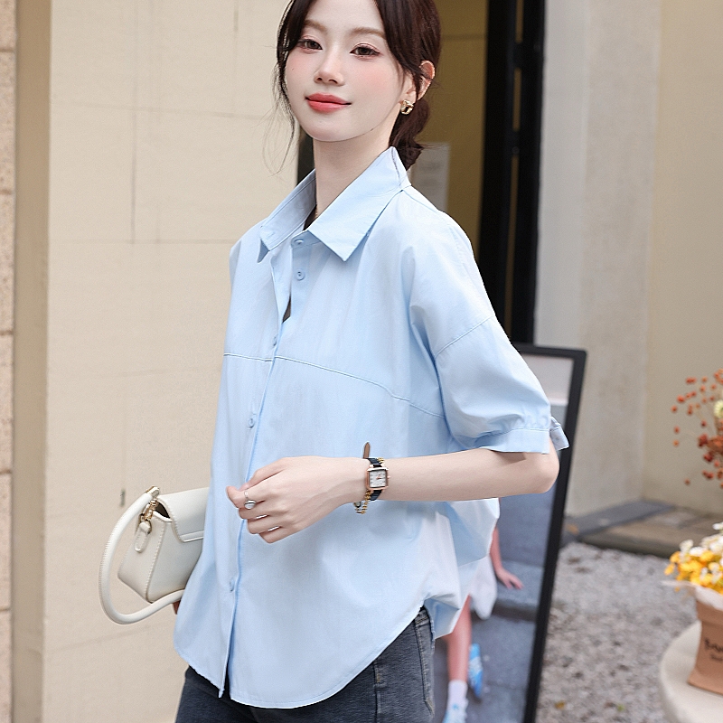 休闲宽松开衫中袖衬衫棉