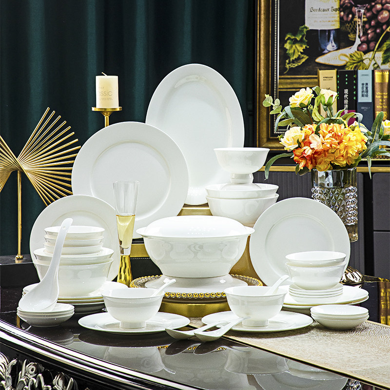 景德镇陶瓷简约高温白瓷餐具套装家用釉下无彩碗盘汤碗碟子乔迁礼