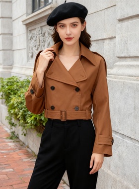姚领YAOLY英伦风双排扣短款风衣女翻领腰带时尚通勤外套842K10222