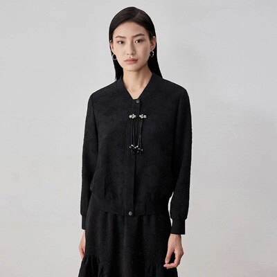 【航妈专享】姚领YAOLY短外套半开领纽扣长袖拼色透气黑841K11682
