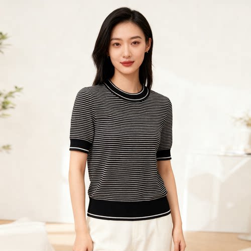 姚领YAOLY复古条纹圆领短袖毛针织衫女夏修身显瘦上衣870F31972
