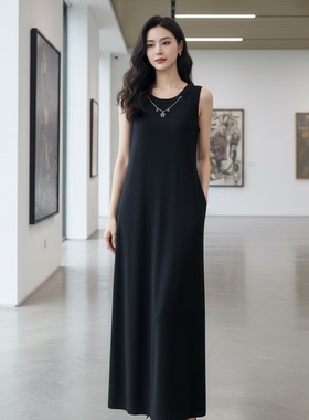 姚领YAOLY黑色无袖连衣裙女叠穿背心裙长裙显瘦气质裙854K33352