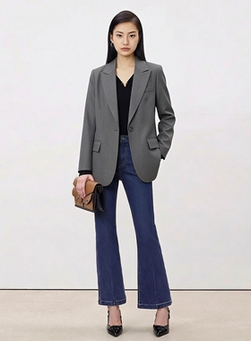 姚领YAOLY灰色西装外套女职业装收腰一粒扣显瘦百搭西服840K11282