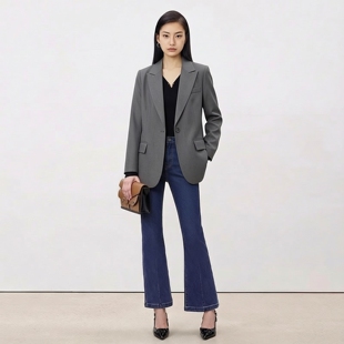 姚领YAOLY灰色西装 收腰一粒扣显瘦百搭西服840K11282 外套女职业装