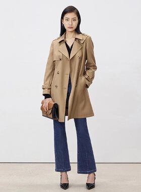 姚领842K19991双排扣风衣女中长款收腰外套复古卡其色腰带风衣