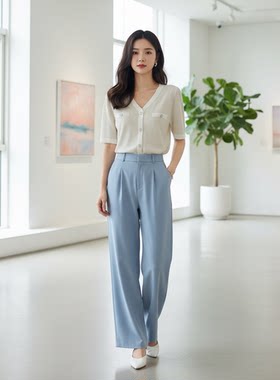 姚领白色V领短袖针织开衫女修身纽扣毛衣温柔甜美上衣892M24062