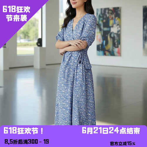 YAOLY姚领法式田园风蓝色碎花V领泡袖收854K22091