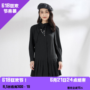 YAOLY姚领黑色连衣裙百褶优雅短袖女士A872M35168