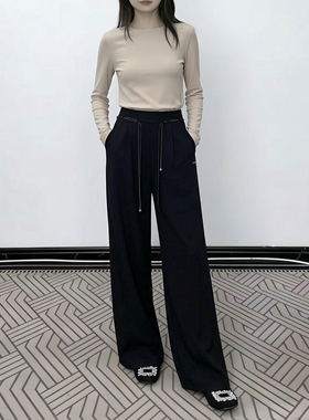 姚领YAOLY通勤高腰系带直筒裤女黑色显瘦垂坠感极简长裤829K11921