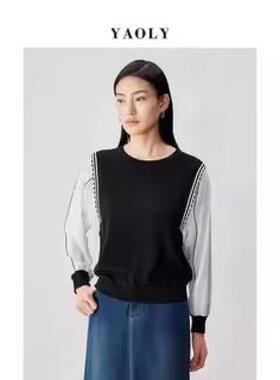 姚领YAOLY拼接针织毛衫女圆领套头简约休闲黑白撞色上衣880K11982