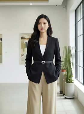 姚领轻熟优雅风黑色西装外套女收腰显瘦气质通勤职业装840H10051