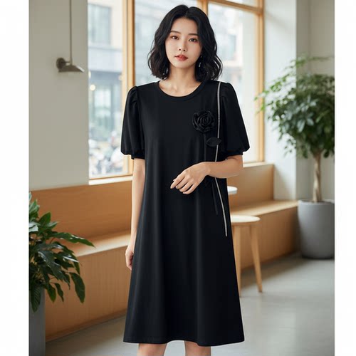 YAOLY姚领黑色短袖连衣裙858H31571