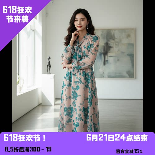 航妈专享印花系带领夏款连衣裙