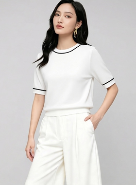 姚领YAOLY白色圆领撞色边针织衫女短袖修身显瘦百搭上衣880K12243