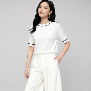 YAOLY姚领白色圆领撞色边针织衫女短袖修880K12243