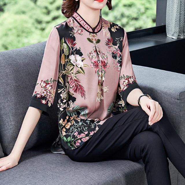 香云纱女装清仓特价杭州年轻款真丝上衣中袖妈妈大码桑蚕丝衬衫女