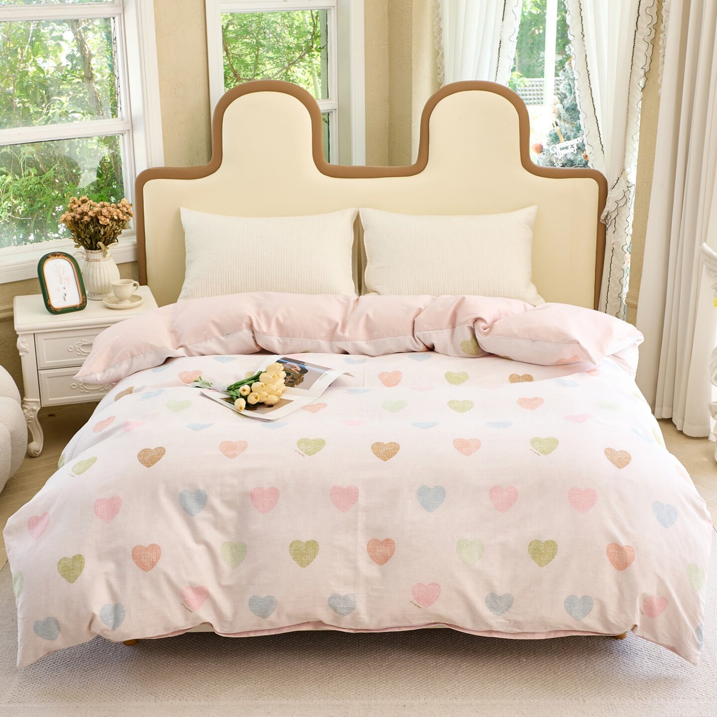 甜美爱心纯棉被套单件玉粉浅蓝色AB版全棉学生宿舍家用被罩单双人